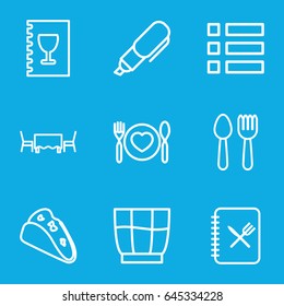 Menu icons set. set of 9 menu outline icons such as spoon and fork, taco, plate with spoon and fork, menu, drink, restaurant table