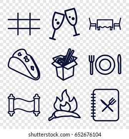 Menu icons set. set of 9 menu outline icons such as chili, taco, noodles fast food, grid, plate fork and spoon, menu, restaurant table, manuscript