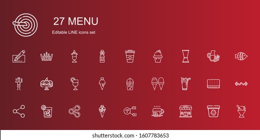 menu icons set. Collection of menu with bar, coffee, sharing, ice cream, share, vodka, smoothie, juice, cup, chef, jigger, sorbet, bars, fish. Editable and scalable menu icons.