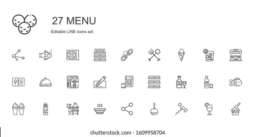 menu icons set. Collection of menu with corkscrew, caramelized apple, share, soup, brick grill, wine bottle, ice cream, wine, dishes, coffee. Editable and scalable menu icons.