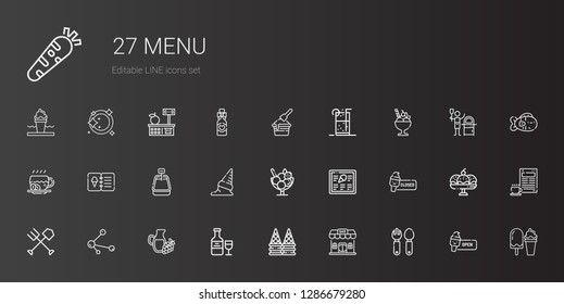 menu icons set. Collection of menu with cutlery, bar, ice cream, wine, share, fork, coffee, soft drink, cup, fish, pizza, wine bottle, tools and utensils. Editable and scalable menu icons.