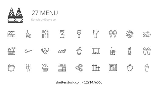 menu icons set. Collection of menu with cutlery, bar, share, dinnerware, ice cream, coffee cup, wine bottle, drink, cup, spoon, tools and utensils. Editable and scalable menu icons.