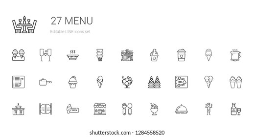 menu icons set. Collection of menu with dinner, ice cream, cutlery, bar, pan, playlist, coffee, frozen yogurt, pub, wine, chef, coffee cup, soup. Editable and scalable menu icons.
