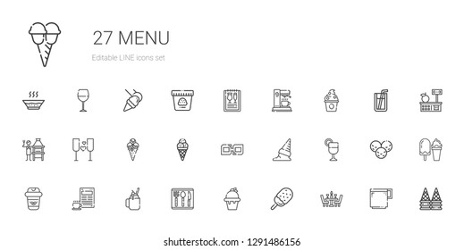 menu icons set. Collection of menu with dinner, ice cream, cutlery, smoothie, coffee, juice, link, wine, brick grill, frozen yogurt, coffee maker. Editable and scalable menu icons.