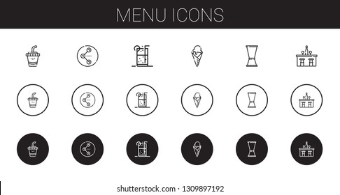 menu icons set. Collection of menu with drink, share, soft drink, ice cream, jigger, bar. Editable and scalable menu icons.