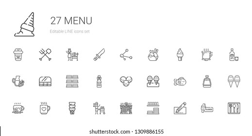 menu icons set. Collection of menu with edit, dinnerware, pub, fish, ice cream, drink, coffee, wine bottle, dishes, food and restaurant, wine. Editable and scalable menu icons.