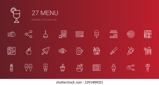 menu icons set. Collection of menu with ice cream, wine, drink, wine bottle, knife, fish, smoothie, dinnerware, chef, sharing, brick grill, food and restaurant. Editable and scalable menu icons.