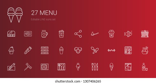 menu icons set. Collection of menu with ice cream, cutlery, wine, corkscrew, edit, bars, spoon, dishes, healthy food, coffee, share, vodka, meal. Editable and scalable menu icons.