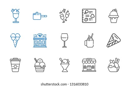 menu icons set. Collection of menu with ice cream, bar, sorbet, coffee, smoothie, wine glass, restaurant, wine, pan. Editable and scalable menu icons.
