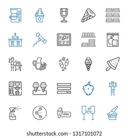 menu icons set. Collection of menu with ice cream, wine, share, tools and utensils, chef, pepper, food and restaurant, meal, dinnerware, corkscrew. Editable and scalable menu icons.