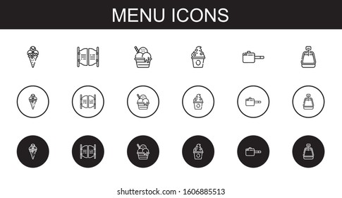 menu icons set. Collection of menu with ice cream, bar, frozen yogurt, pan. Editable and scalable menu icons.