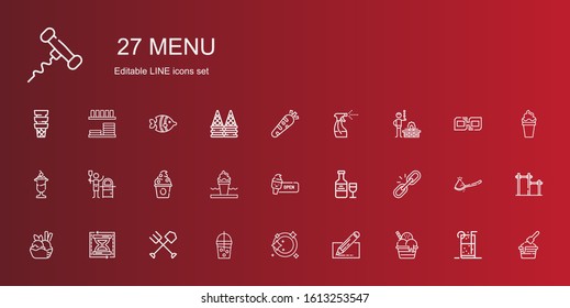 menu icons set. Collection of menu with ice cream, edit, plate, smoothie, fork, load time, link, wine, frozen yogurt, pizza, bbq, tools and utensils. Editable and scalable menu icons.