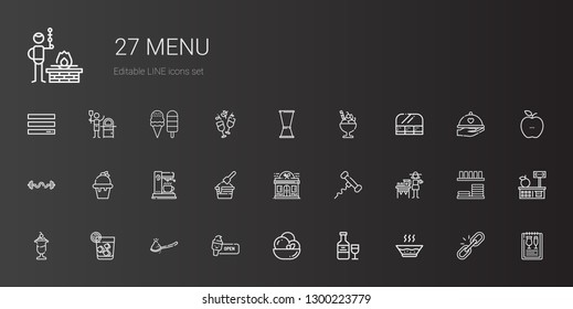 menu icons set. Collection of menu with soup, wine, ice cream, spoon, vodka, lemonade, corkscrew, restaurant, coffee maker, bars, food and restaurant. Editable and scalable menu icons.