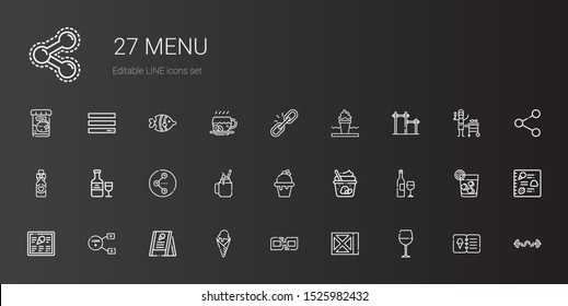 menu icons set. Collection of menu with wine glass, wine, link, ice cream, sharing, wine bottle, smoothie, share, bar, bars, vodka, fish, coffee. Editable and scalable menu icons.