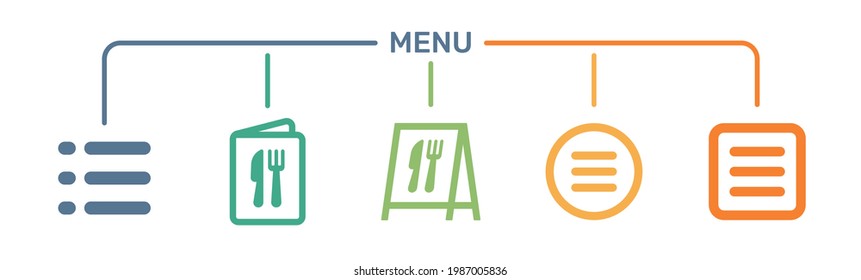 Conjunto de iconos de menú. contiene el menú del sitio web para la aplicación, menú del libro, tablero de anuncios y icono del menú hamburguesa aislado en blanco.