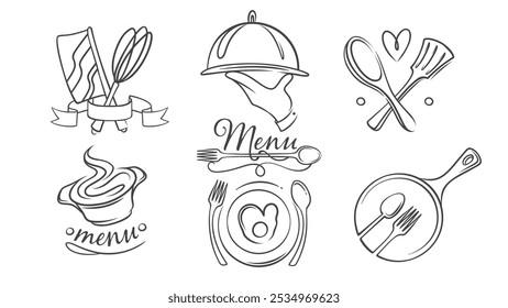 Conjunto de ícones de menu, design de logotipo retro ordem restaurante. Engraçado doodle chefs ferramentas e talheres para servir comida, catering desenhado à mão, serviço de coleta de logotipos. Ilustração de vetor de ícones do menu Alimentos