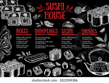 Menu with ink hand drawn sushi illustration.