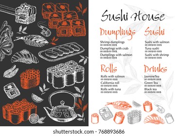 Menu  with ink hand drawn sushi illustration.