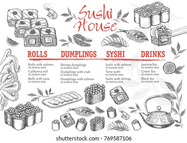 Menu with ink hand drawn sushi illustration.