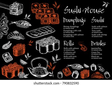 Menu with ink hand drawn sushi illustration.