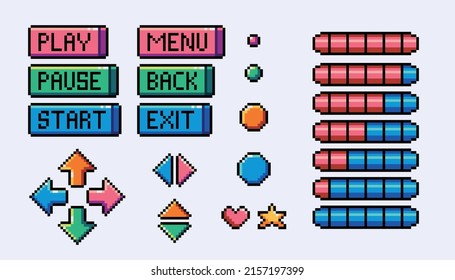 Menu interface with health bars pixel art set. Buttons, hearts and arrows collection. 8 bit sprite. Game development, mobile app.  Isolated vector illustration.