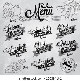 Menu Italian The Names Of Dishes Spaghetti, Lasagna, Pasta Carbonara, Bolognese And Other Ingredients Tomato, Basil, Olive Drawing With Coal.