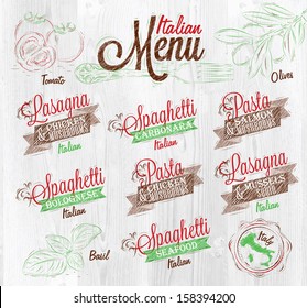 Menu italian the names of dishes spaghetti, lasagna, pasta carbonara, bolognese and other ingredients tomato, basil, olive drawing on whitened wood background. 