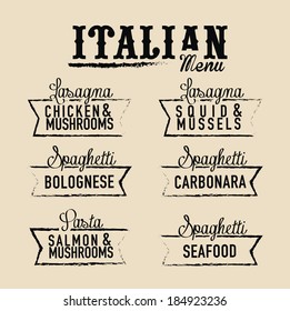 menu Italian the names of dishes of spaghetti, lasagna, pasta carbonara, bolognese and other ingredients tomato, basil, olive to design a menu stylized 