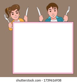 It is a menu item image using the boy and girl style. Holding the device, ready to eat a delicious steak