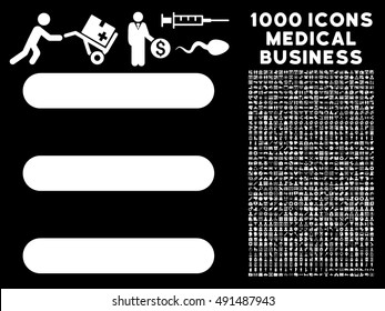 Menu Items icon with 1000 medical commerce white vector pictographs. Clipart style is flat symbols, black background.