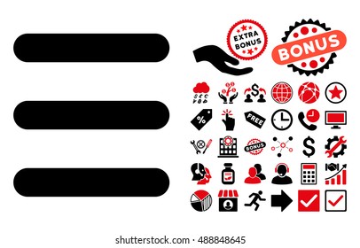 Menu Items icon with bonus clip art. Vector illustration style is flat iconic bicolor symbols, intensive red and black colors, white background.