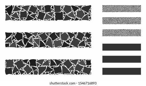 Menu items mosaic of joggly parts in different sizes and color tints, based on menu items icon. Vector joggly elements are composed into mosaic. Menu items icons collage with dotted pattern.