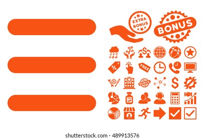 Menu Items pictograph with bonus elements. Vector illustration style is flat iconic symbols, orange color, white background.