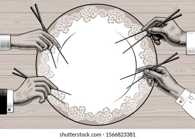 Menu of japan restaurant. Cuisine with seafood. Male and female hands with chopsticks. Asian cuisine. Vintage engraving stylized drawing. Vector illustration