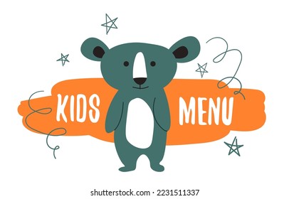 Menu for kids in cafe or restaurant, isolated cute koala bear with wooden sign and confetti, drawing of stars. Children dieting and nutrition, special dishes for infants. Vector in flat style