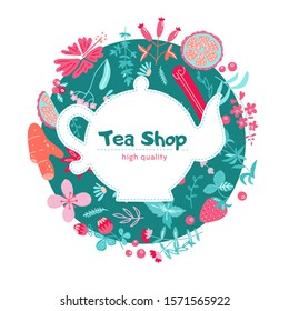 Menu label with herbal tea ingredients. Beautiful vector hand drawn tea herb flat Illustration. Detailed trendy style image. Element for labels, packaging and cards design. Modern background