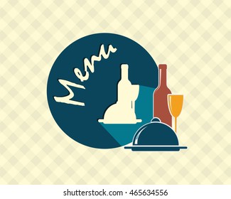 menu label with wine bottle, wine glass and dish abstract vector illustration 