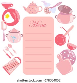 Menu Leaf with Pink Color Glossy Utensils around it. Vector EPS 10