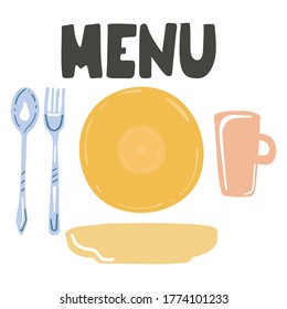 Menu. Lettering with plate fork and spoon hand drawn style poster for cafe or restaurant menu, silhouette flat vector illustration