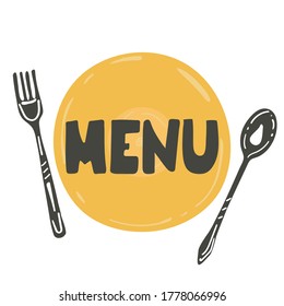 Menú. Cartas con horquilla de placa y afiche estilo dibujado a mano de cuchara para el menú de café o restaurante, silueta ilustración vectorial plana
