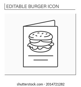 Icono de línea de menú. Lista de platos disponibles en la cafetería. Menú de hamburguesas. Alimentos poco saludables. El concepto de comida rápida. Ilustración vectorial aislada. Trazo editable
