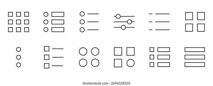 Symbolsatz für Menüzeile. intuitive Bedienelemente, Navigation, Oberfläche, Listensymbol. Vektorgrafik.