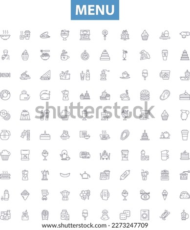 Menu line icons, signs set. Diet, Food, Cuisine, Fare, Listing, Selections, Options, Dishes, Courses outline vector illustrations.