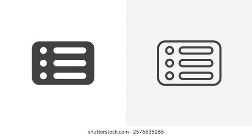Menu list button icon set in black flat solid and outlined style.