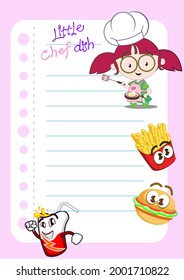 menu list design vector with cute girl character as chef, with burger fries and drink to decorate it