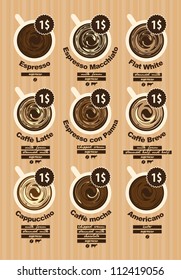 menu list for different types of coffee