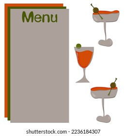 Menu list. Glass with wine, cocktails. Vector flat illustration isolated on white background. Grey, red, green colors. Handwriting lettering on retro style for card, t-shirts, posters, etc. 