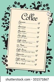 menu list for hot drinks with splashes of coffee
