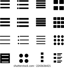 Auflistung von Menülisten-Symbolen. Hamburger Menü Symbol auf weißem Hintergrund.EPS
