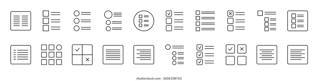 Menu and List in Interface Outline Icon Collection. Editable Stroke. Perfect for Infographics, Articles, Books, Flyers, Banners